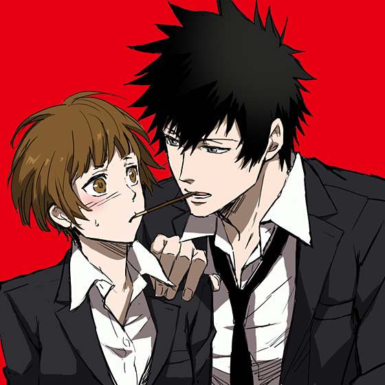 10s, 1boy, 1girl, bad_id, bad_pixiv_id, black_eyes, black_hair, blush, brown_eyes, brown_hair, food, formal_clothes, kougami_shin'ya, necktie, pocky, psycho-pass, rontaso, short_hair, suit, tsunemori_akane