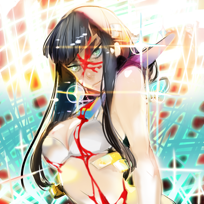 10s, 1girl, black_hair, blood, blood_on_face, blue_eyes, bra, breasts