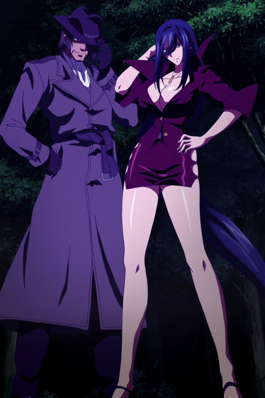 10s, 1boy, 1girl, absurdres, anime_screenshot, breasts, cleavage, coat, collar, collarbone, dohnaseek, hat, high_school_dxd, highres, hip_focus, kalawarner, knees, large_breasts, legs, long_hair, miniskirt, shiny_skin, shoes, skirt, standing, stitched, third-party_edit