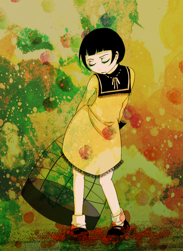 1girl, arms_behind_back, birdcage, black_hair, blunt_bangs, bobby_socks, cage, closed_eyes, dress, eleanor_(rule_of_rose), female_focus, full_body, looking_down, mary_janes, rule_of_rose, sailor_collar, shoes, short_hair, socks, solo, sumeshi_(pixiv), yellow_dress