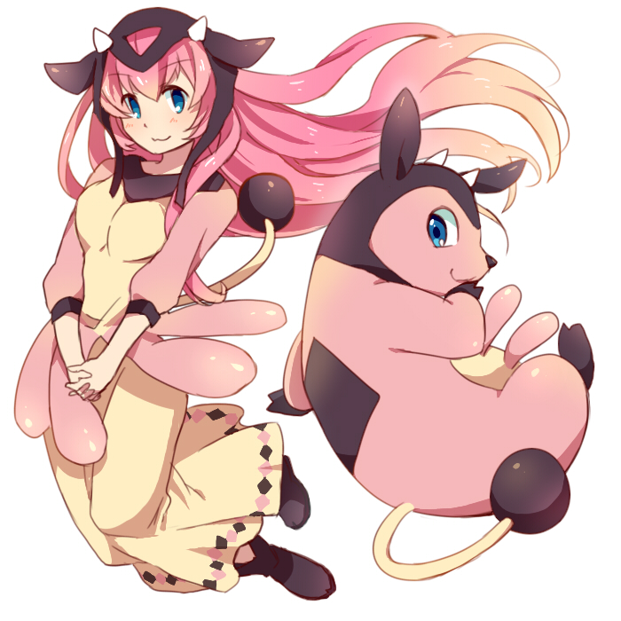 1girl, blue_eyes, blush, crossover, dress, gen_2_pokemon, long_hair, looking_at_viewer