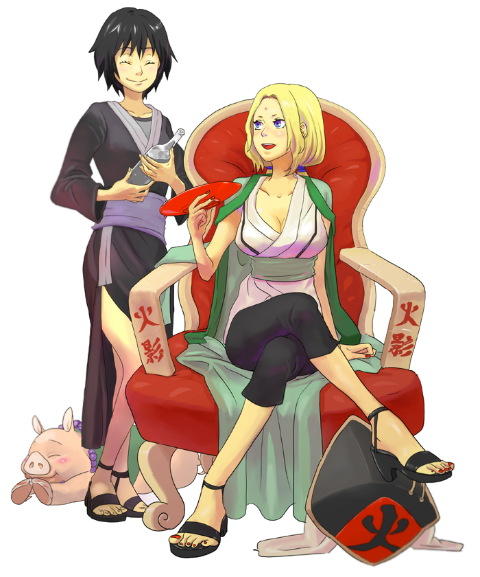 2girls, bottle, chair, crossed_legs, feet, full_body, high_heels, kaz_(nishi_kaz0112), multiple_girls, nail_polish, naruto_(classic), naruto_(series), open_shoes, pig, red_nails, red_upholstery, sandals, shizune_(naruto), sitting, toenail_polish, toenails, toes, tonton_(naruto), tsunade_(naruto), unworn_headwear