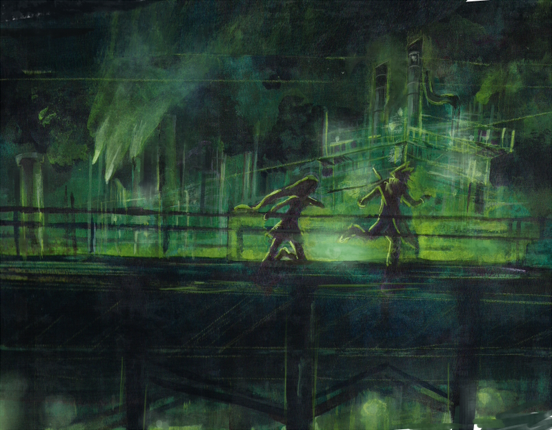 1990s_(style), 1boy, 1girl, cloud_strife, dark, final_fantasy, final_fantasy_vii, huge_weapon, long_hair, momonaa, running, sword, tifa_lockhart, very_long_hair, weapon