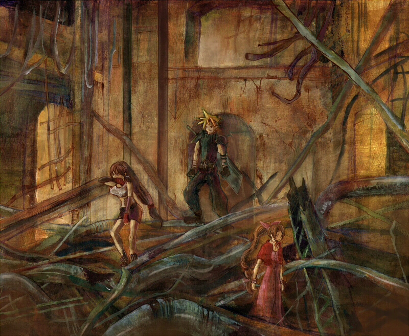 1990s_(style), 1boy, 2girls, aerith_gainsborough, blonde_hair, brown_hair, cloud_strife, debris, final_fantasy, final_fantasy_vii, hair_ribbon, huge_weapon, long_hair, momonaa, multiple_girls, ribbon, standing, sword, tifa_lockhart, very_long_hair, weapon