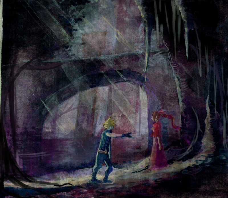 1990s_(style), 1boy, 1girl, aerith_gainsborough, blonde_hair, brown_hair, cloud_strife, final_fantasy