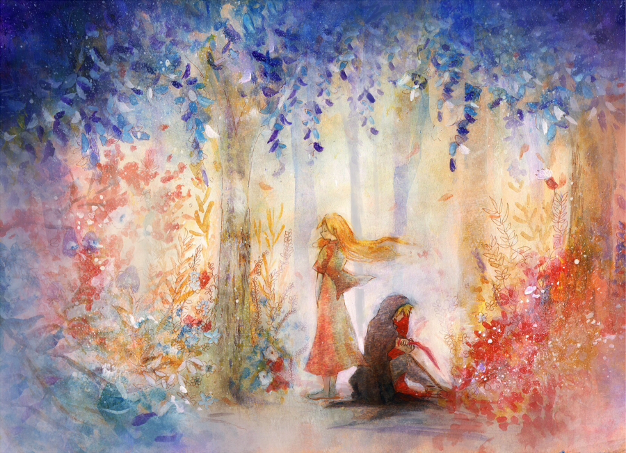 1990s_(style), 1boy, 1girl, aerith_gainsborough, cloud_strife, final_fantasy, final_fantasy_vii, momonaa, sitting, standing