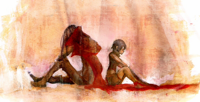 1990s_(style), 1boy, 1girl, back-to-back, black_hair, cloak, closed_eyes, final_fantasy