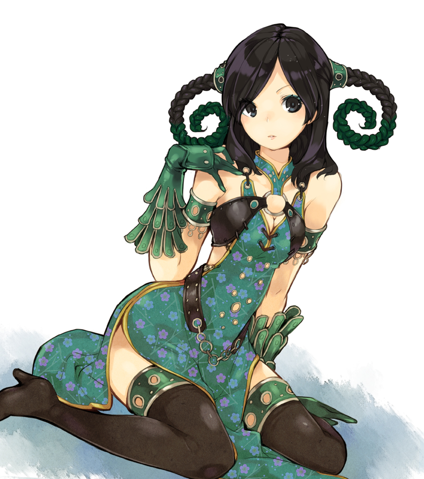 1girl, animification, bare_shoulders, black_boots, black_hair, black_thighhighs, boots, braid, breasts, chiko_(mizuho), cleavage, female_focus, gloves, high_heels, juuken_sentai_gekiranger, mele, solo, super_sentai, thigh_boots, thighhighs, twintails