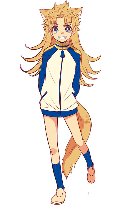 1boy, animal_ears, arms_behind_back, blue_eyes, bottomless, grin, inazuma_eleven_(series), inazuma_eleven_go, jacket, kemonomimi_mode, long_hair, looking_at_viewer, male_focus, matsukaze_tenma, matsukaze_tenma_(mixi_max_arthur_ou), nano_(lanthan00), raimon, simple_background, smile, solo, tail, track_jacket, white_background