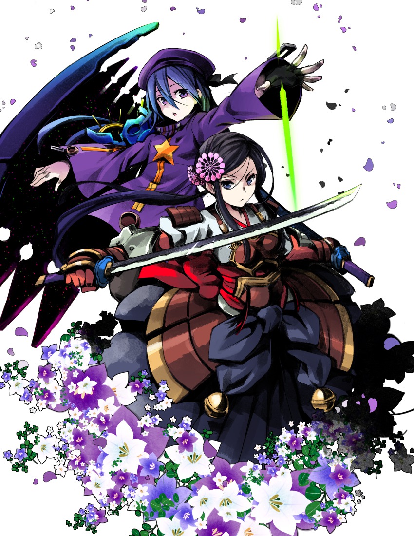 2girls, bad_id, bad_pixiv_id, black_hair, blue_eyes, blue_hair, bushidou_(sekaiju), etrian_odyssey