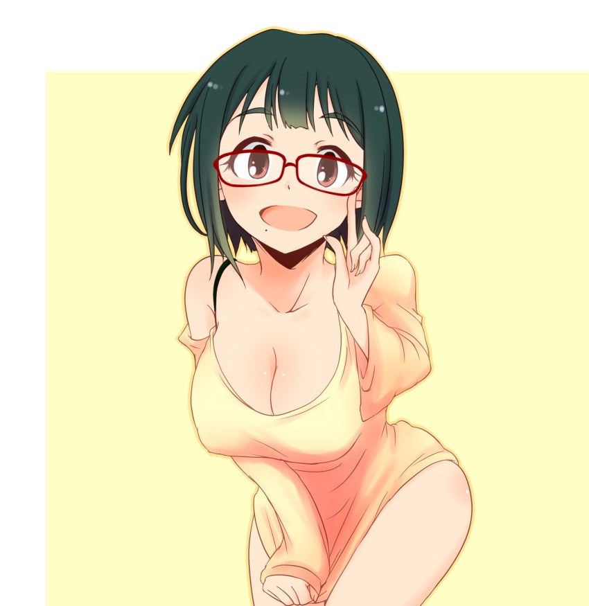 1girl, :d, adjusting_eyewear, bare_shoulders, bespectacled, blunt_bangs, blush, bottomless, bra_strap, breasts, brown_eyes, cleavage, covering_crotch, covering_privates, cowboy_shot, female_focus, glasses, green_hair, happy, highres, idolmaster, idolmaster_(classic), index_finger_raised, large_breasts, leaning_forward, long_sleeves, looking_at_viewer, maiko_(yoshida308), mole, mole_under_mouth, off_shoulder, open_mouth, otonashi_kotori, outline, pinky_out, red-framed_eyewear, red_eyes, shirt_tug, short_hair, simple_background, sleeves_past_wrists, smile, solo, standing, yellow_background