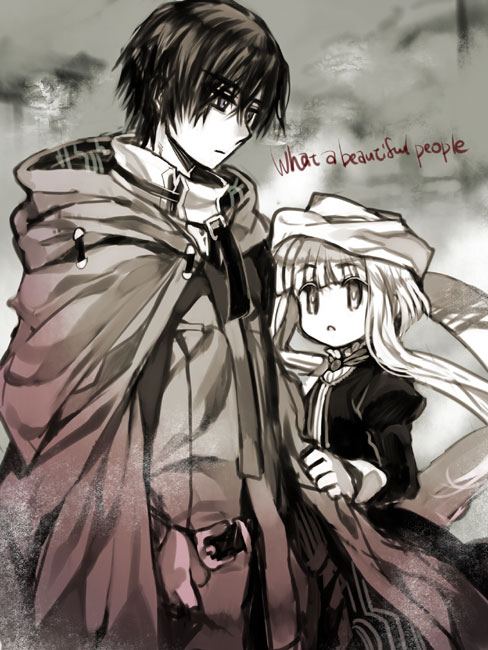 1boy, 1girl, belt, cape, copyright_name, gii_(sekien_no_inganock), hat, kia_(53y)