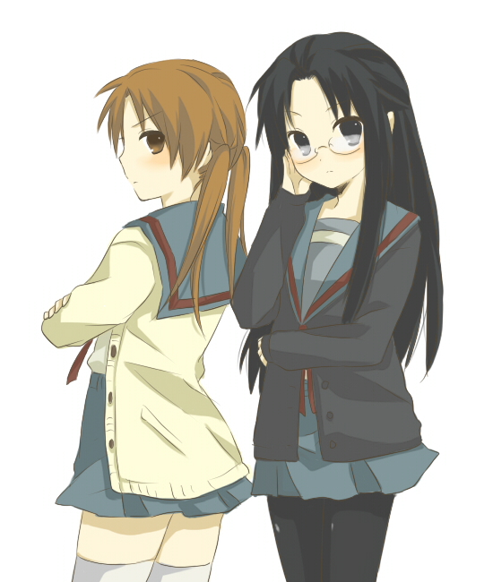 00s, 2girls, adjusting_eyewear, bad_id, bad_pixiv_id, beniko, black_eyes, black_hair
