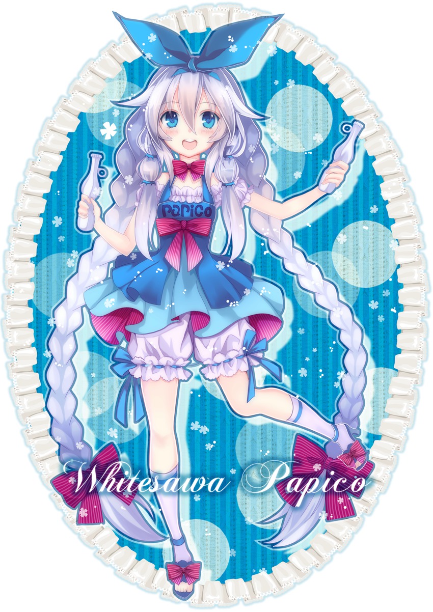 1girl, :d, bad_id, bad_pixiv_id, blush, bow, braid, character_name, dress, female_focus, grey_hair, hair_bow, high_heel_sandals, high_heels, highres, leg_up, looking_at_viewer, nozomi_fuuten, open_mouth, original, papico_(character), papico_(ice_cream), sandals, smile, solo, twin_braids