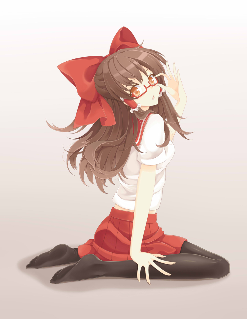 1girl, adjusting_eyewear, alternate_costume, bespectacled, black_pantyhose, bow, brown_eyes, brown_hair