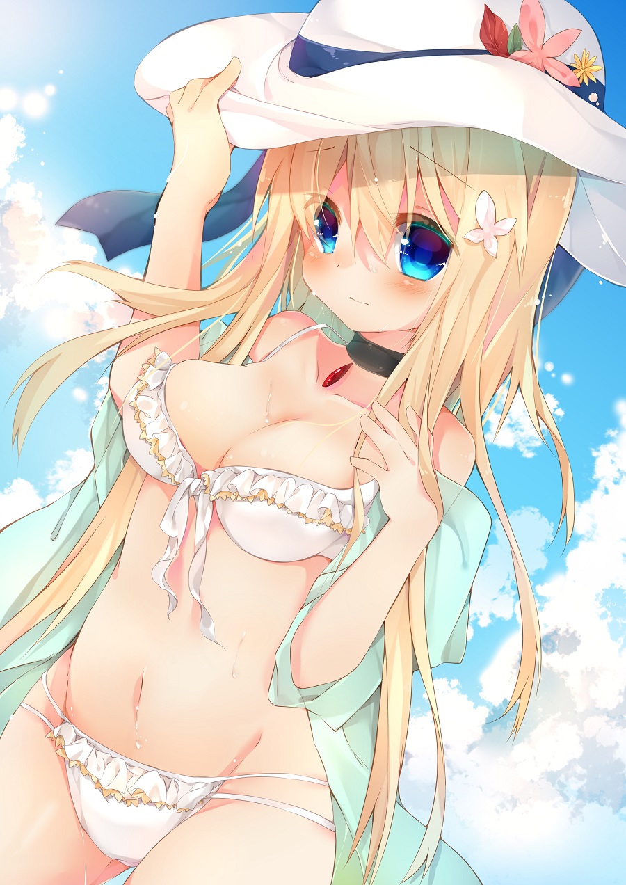 1girl, bikini, blonde_hair, blue_eyes, breasts, choker, cleavage, female_focus, frilled_bikini, frills, hat, highres, kazato_fuuchi, kazeshiro_kazeto, long_hair, original, solo, swimsuit, white_bikini