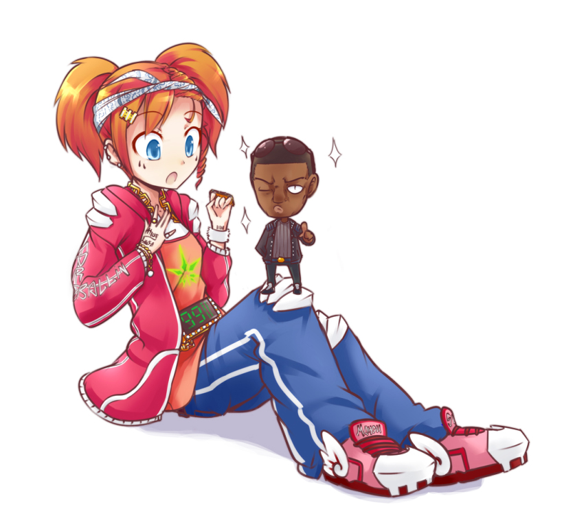 1boy, 1girl, 4chan, artist_request, belt, black_hair, blue_eyes, bracelet, dark_skin, earrings, eyewear_on_head, hair_ornament, hand_in_pocket, jacket, jay-z, jewelry, lips, looking_at_another, looking_at_viewer, mc-tan, mini_person, miniboy, necklace, one_eye_closed, open_mouth, orange_hair, original, pants, pointing, pointing_at_viewer, simple_background, sitting, size_difference, source_request, sparkle, standing, sunglasses, track_jacket, track_pants, white_background, wink, wristband