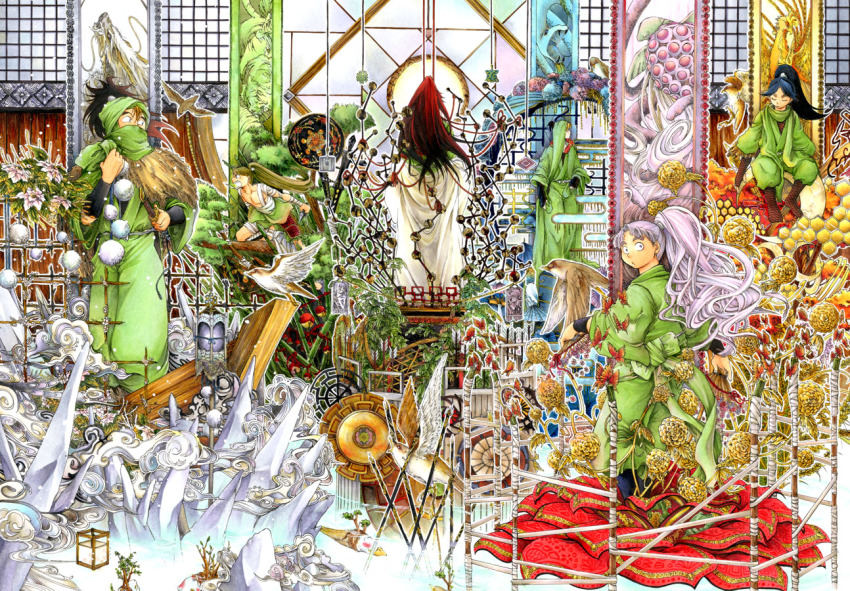 6+boys, bad_id, bad_pixiv_id, bamboo, bird, blue_hair, brown_hair, dragon, flower, full_body, igasaki_magohei, indoors, junko_(nintama), kanzaki_samon, long_hair, looking_back, male_focus, midorihana_yasaiko, multiple_boys, ponytail, rakudai_ninja_rantarou, red_hair, santanda_kazuma, tomatsu_sakubei, traditional_media, tsugiya_sannosuke, urakaze_tounai, wavy_hair, white_hair, window