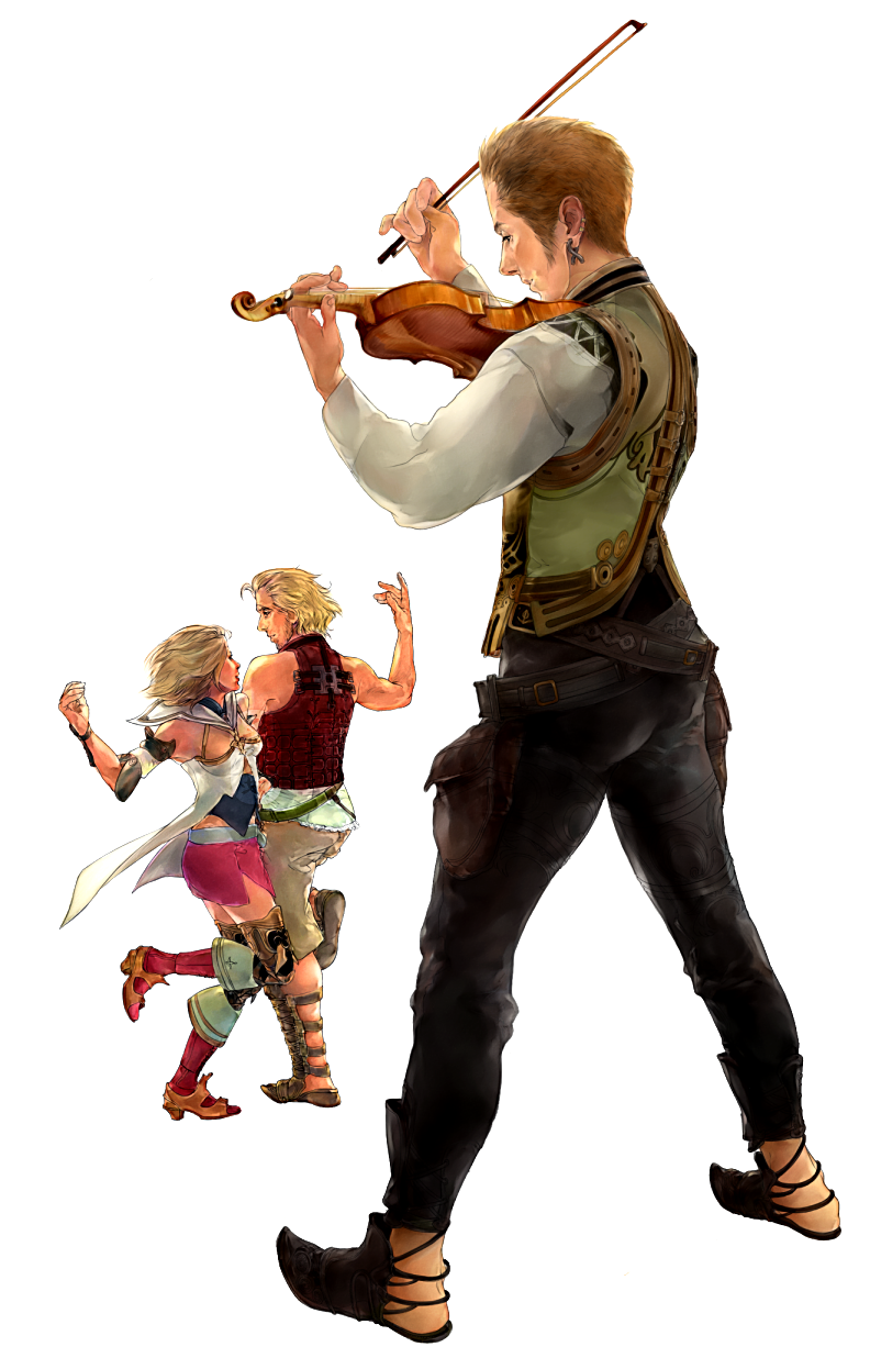 00s, 1girl, 2boys, ashelia_b'nargin_dalmasca, balflear, basch_fon_ronsenburg, blonde_hair, brown_hair, dancing, earrings, final_fantasy, final_fantasy_xii, firnheledien, highres, instrument, jewelry, locked_arms, multiple_boys, short_hair, square_enix, violin, white_background