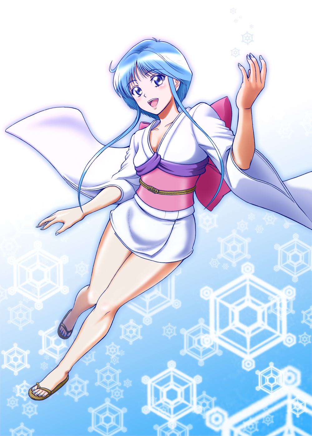 1990s_(style), 1girl, bare_legs, blue_background, blue_eyes, blue_hair, blush, eyelashes