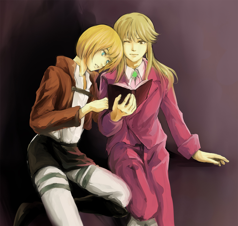 07th_expansion, 2boys, androgynous, armin_arlert, ascot, blonde_hair, blue_eyes, book