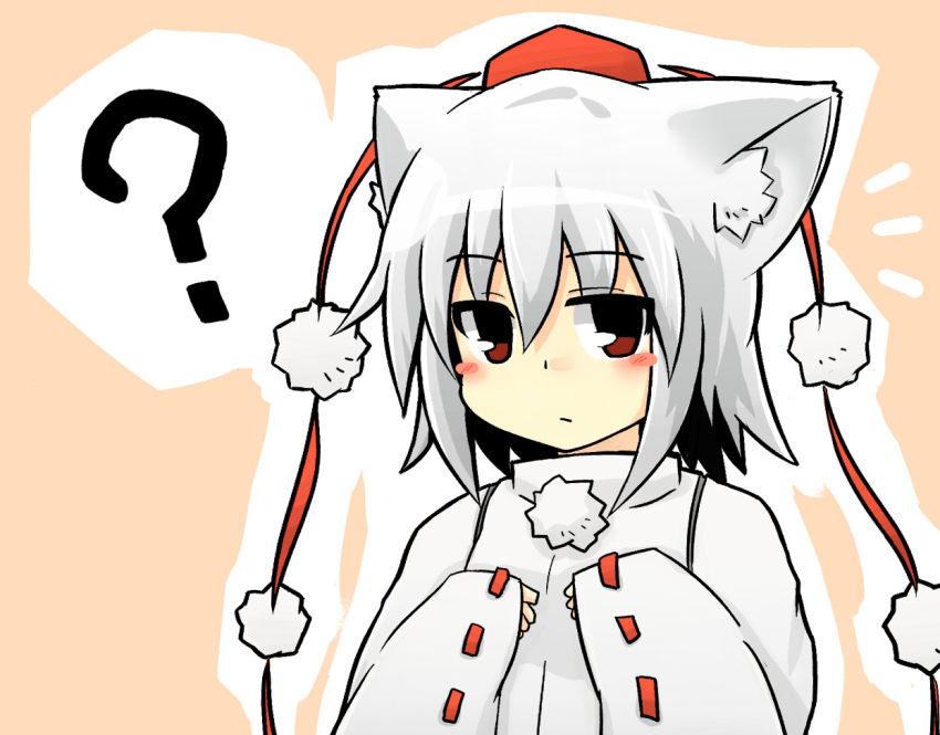 1girl, ?, animal_ear_fluff, animal_ears, bad_id, bad_pixiv_id, blush_stickers, expressionless, hair_between_eyes, hat, inubashiri_momiji, japanese_clothes, kibisake, looking_at_viewer, pom_pom_(clothes), red_eyes, ribbon-trimmed_sleeves, ribbon_trim, sakotu, short_hair, tokin_hat, touhou, white_hair, wide_sleeves, wolf_ears