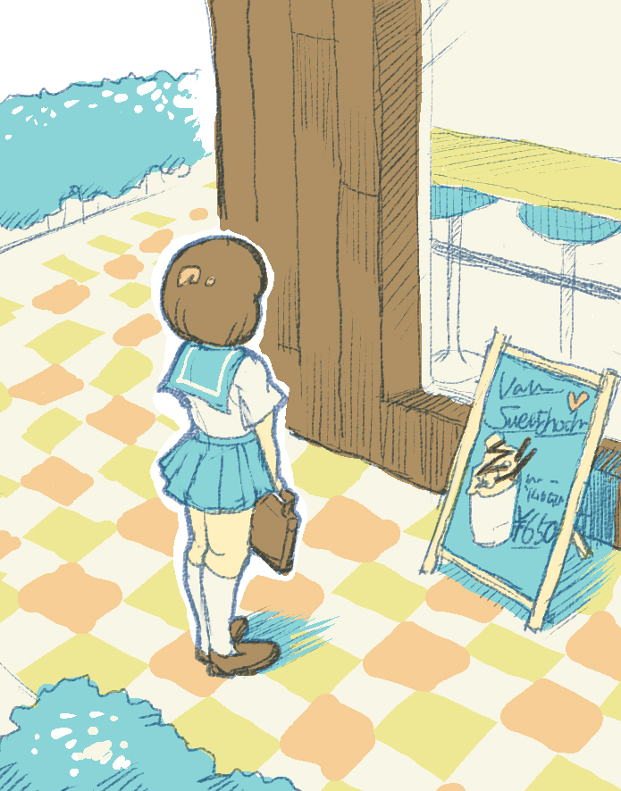 10s, 1girl, asil_(lisa), bag, brown_hair, female_focus, kill_la_kill, kneehighs, mankanshoku_mako, pleated_skirt, school_uniform, short_hair, sign, skirt, socks, solo, stool, white_socks, window