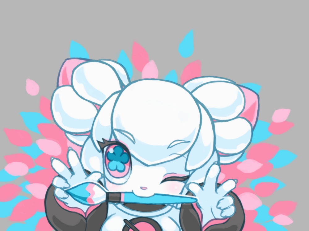 1girl, blue_eyes, brush, colored_sclera, colored_skin, double_bun, double_v, female_focus