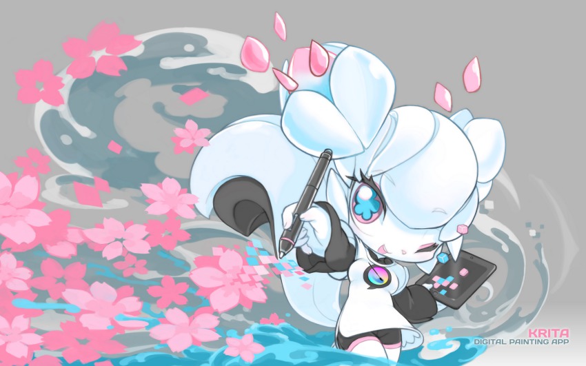 1girl, blue_eyes, colored_sclera, colored_skin, double_bun, drawing_tablet, dress, flower