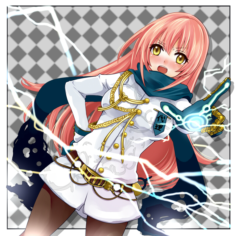 1girl, :o, aiguillette, argyle_background, argyle_clothes, brown_pantyhose, electricity, female_focus