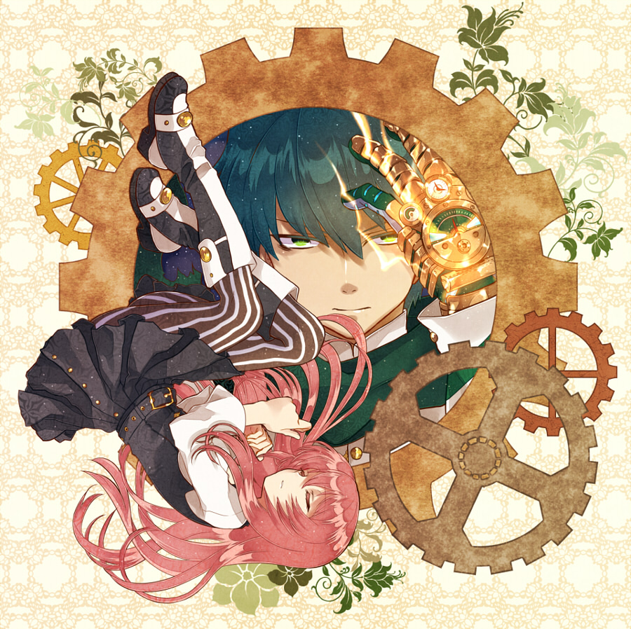 1boy, 1girl, belt, black_hair, black_skirt, boots, closed_eyes, colored_eyelashes