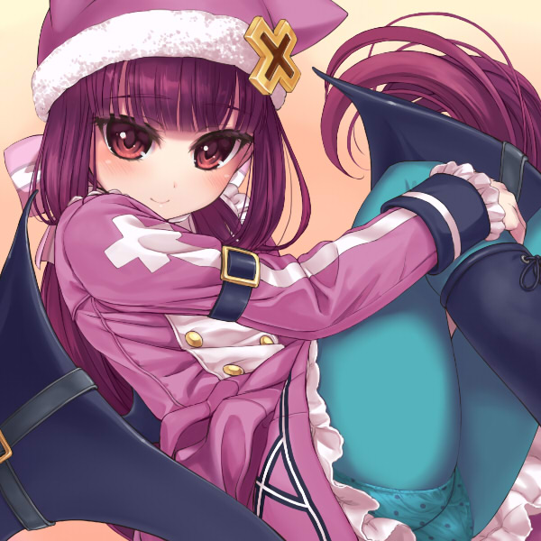 1girl, alucard_lore, blue_pantyhose, blush, crotch_seam, emil_chronicle_online, female_focus, hat