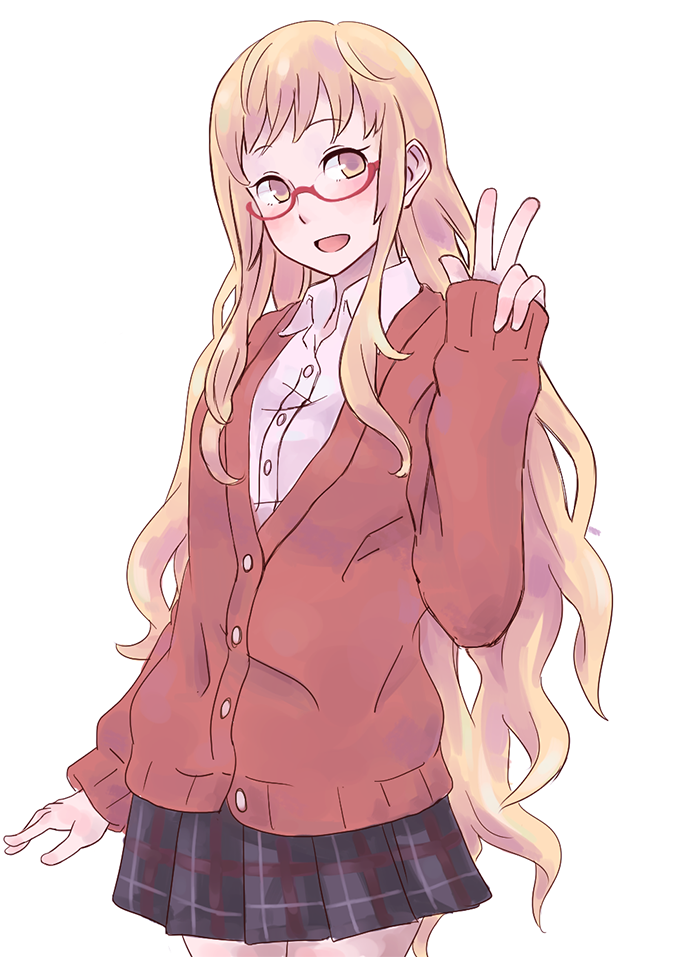 1girl, a.kokonoka, ano_fuji, blonde_hair, blush, cardigan, female_focus, glasses
