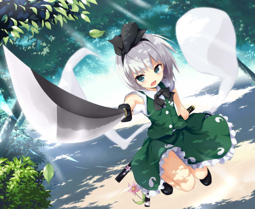 1girl, bad_id, bad_pixiv_id, female_focus, foreshortening, green_eyes, hitodama, katana