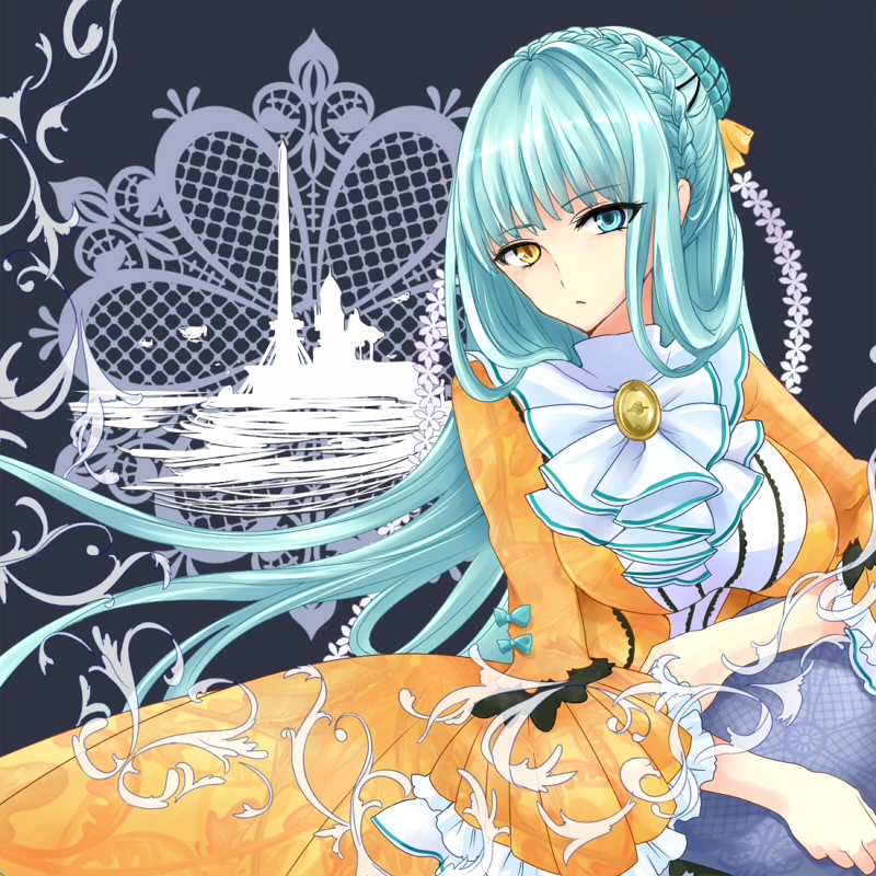 1girl, ascot, blue_background, blue_eyes, blue_hair, braid, brooch, crown_braid