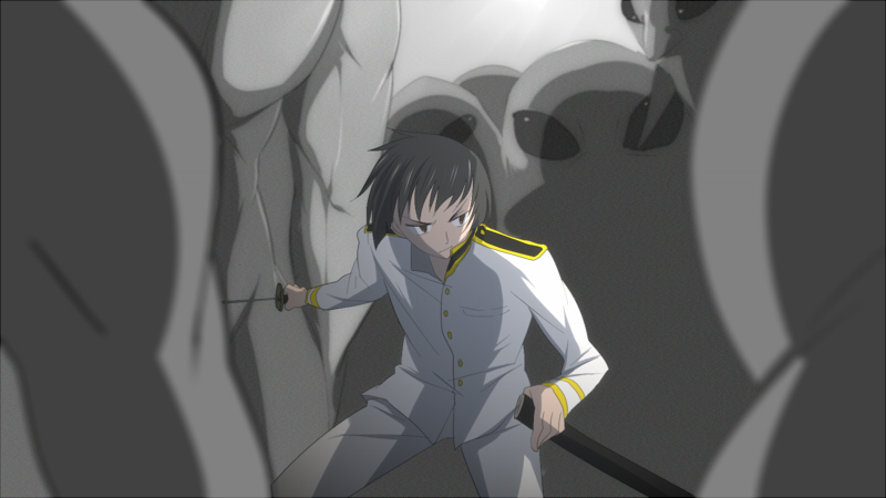 1boy, axis_powers_hetalia, bad_id, bad_pixiv_id, black_eyes, black_hair, buttons, collared_shirt, hetaoni, holding, japan_(hetalia), katana, male_focus, military, military_uniform, muscular, ruyow_(michinaga_kazuki), shadow, sheath, shirt, short_hair, solo, spoilers, steve_(hetaoni), surrounded, sword, weapon