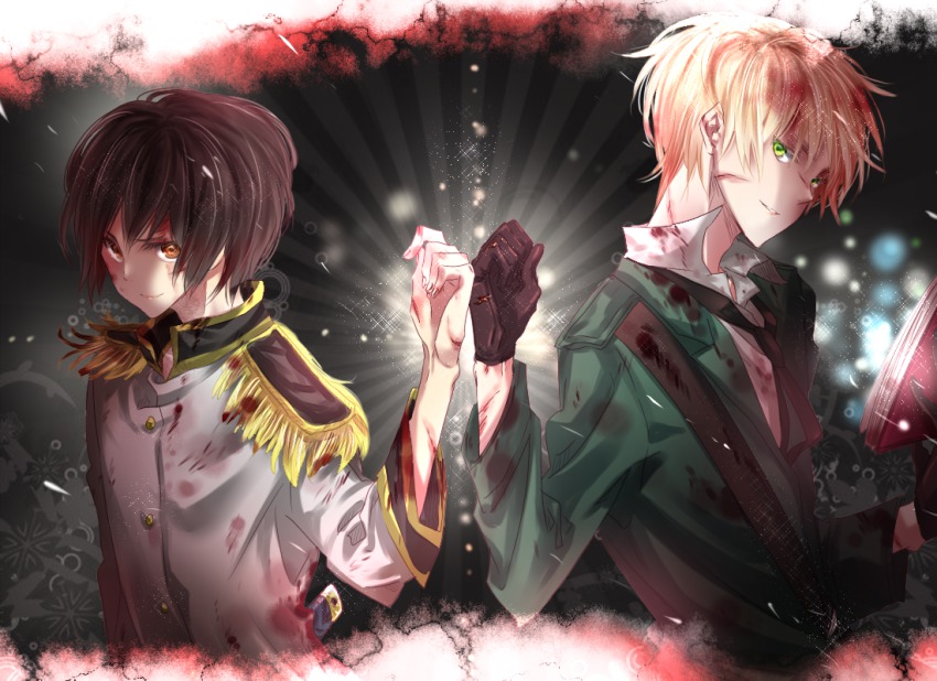 2boys, axis_powers_hetalia, belt, black_hair, blonde_hair, blood, blood_on_clothes, book