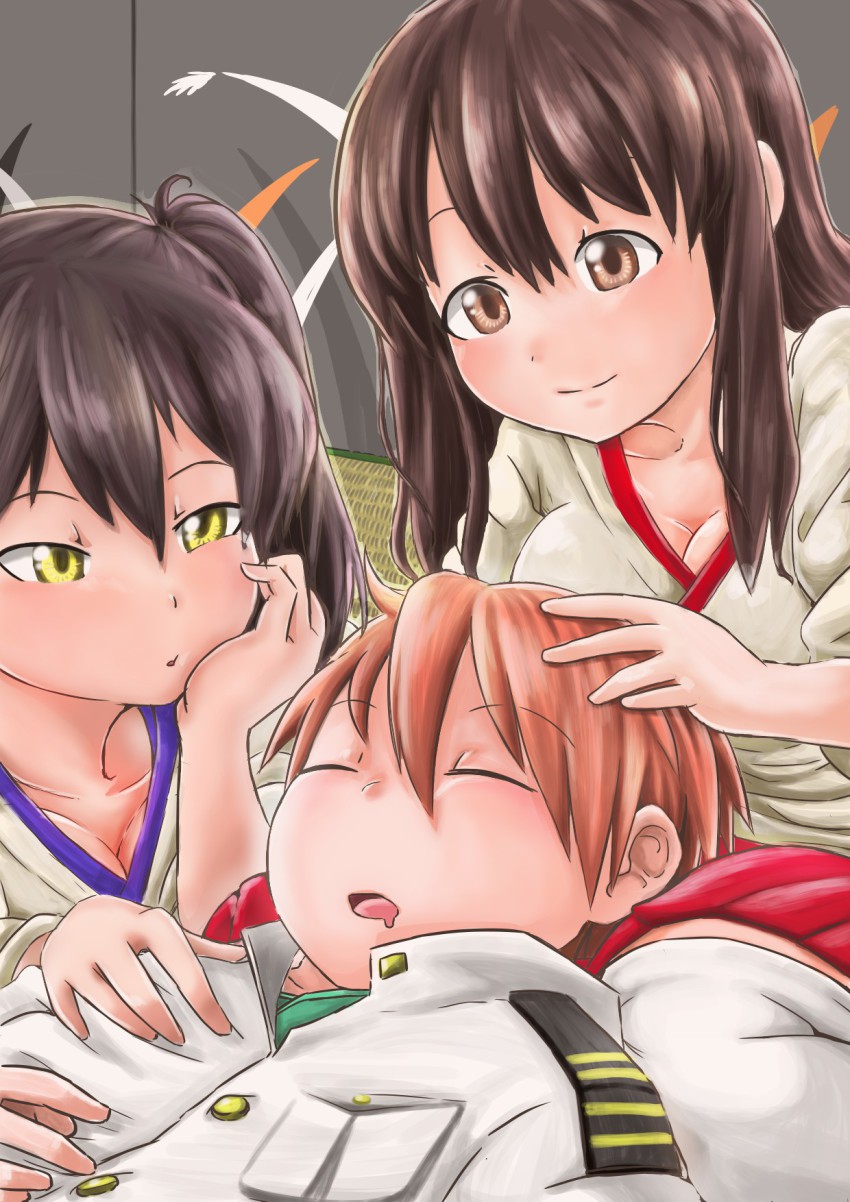 10s, 1boy, 2girls, admiral_(kancolle), akagi_(kancolle), blush, brown_eyes, brown_hair