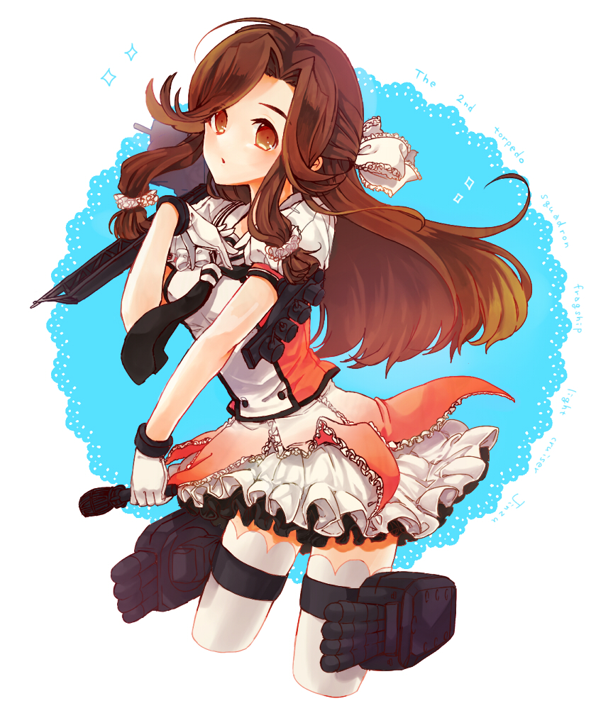 10s, 1girl, blush, breasts, brown_eyes, brown_hair, cannon, catapult