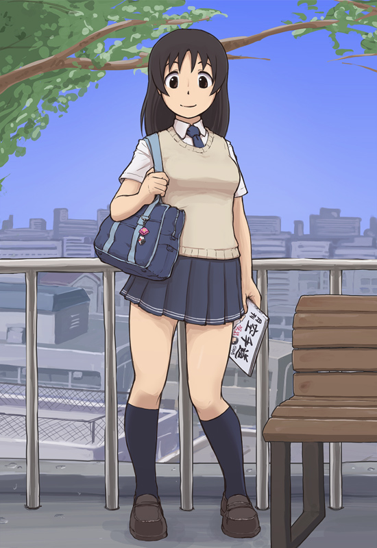 1girl, bag, bench, black_hair, blue_socks, branch, cityscape, full_body