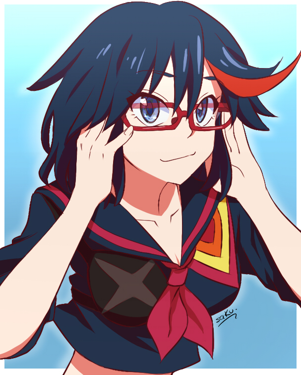 10s, 1girl, bad_id, bad_tumblr_id, bespectacled, blue_eyes, female_focus, glasses, kill_la_kill, looking_at_viewer, matoi_ryuuko, red-framed_eyewear, saku_(ladyfubuki), senketsu, short_hair, smile, solo