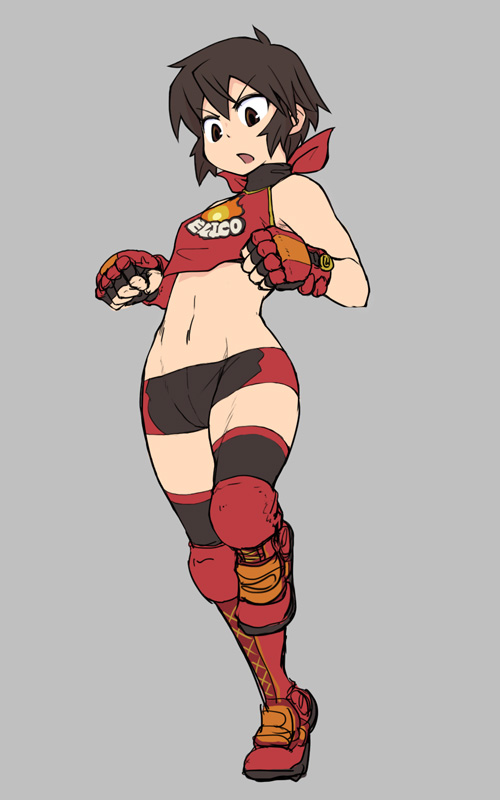 1girl, boots, breasts, brown_eyes, brown_hair, female_focus, fingerless_gloves, gloves, grey_background, knee_boots, knee_pads, lace-up_boots, lowleg, lowleg_shorts, midriff, navel, papa_(shimeguru), ring_dream, short_hair, short_shorts, shorts, small_breasts, solo, tanaka_eriko, thighhighs, toned, toned_female, wrestling_outfit