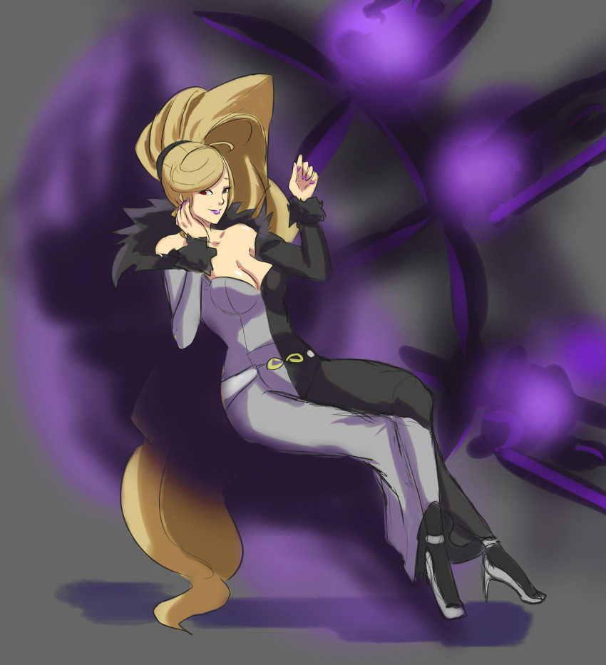 1girl, asymmetrical_clothes, blonde_hair, bodysuit, breasts, cleavage, feather_boa, female_focus