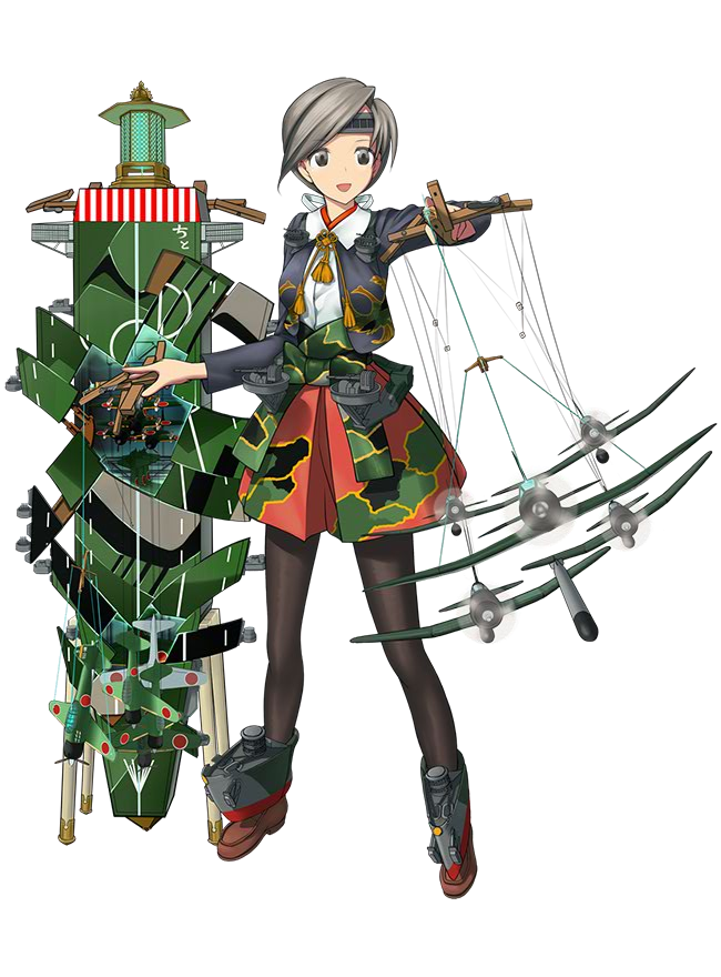 10s, 1girl, aircraft, airplane, black_pantyhose, brown_hair, chitose_(kancolle), chitose_kai_ni_(kancolle), female_focus, full_body, grey_eyes, hakama, hakama_short_skirt, hakama_skirt, headband, jacket, japanese_clothes, kantai_collection, kuuro_kuro, official_art, pantyhose, personification, puppet_strings, short_hair, skirt, solo, transparent_background