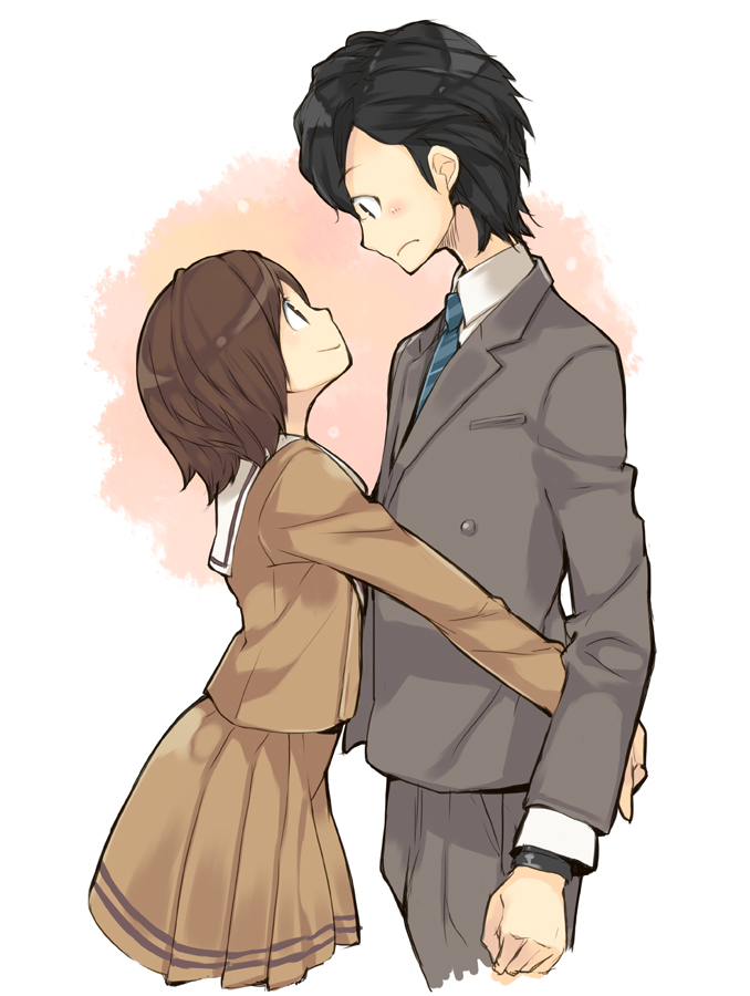 1boy, 1girl, black_hair, brown_hair, chiko_(mizuho), dress_shirt, eye_contact, formal_clothes
