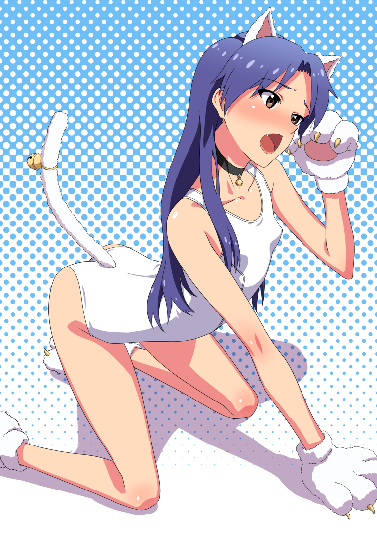 1girl, animal_ears, animal_hands, arm_support, arm_up, bell, blue_hair, blush