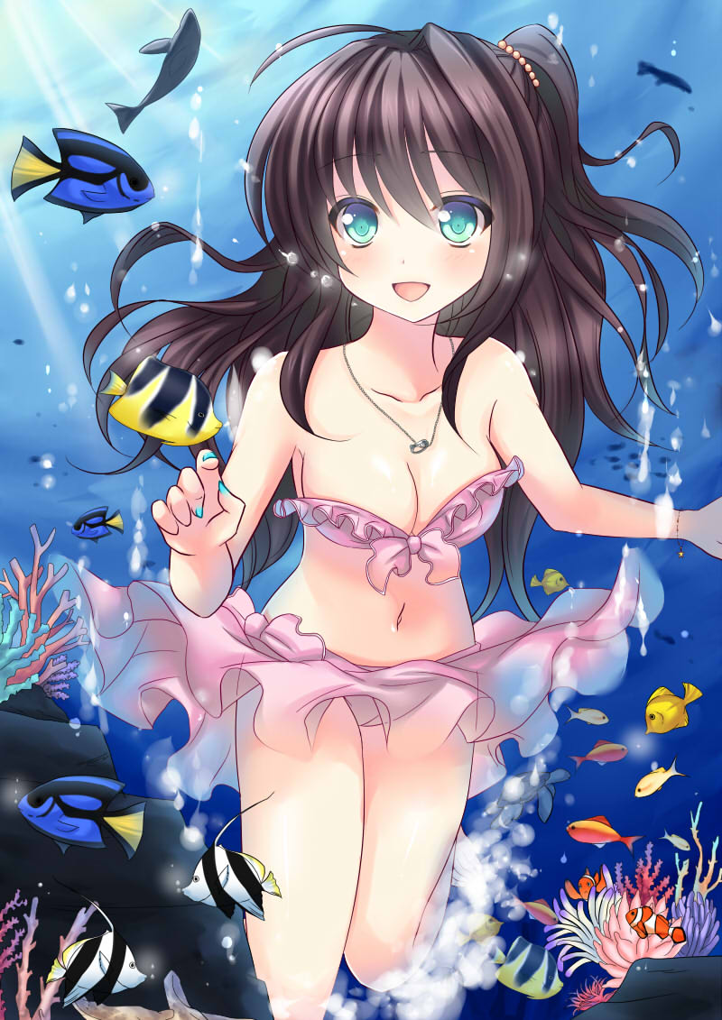 1girl, air_bubble, bad_id, bad_pixiv_id, bandeau, barefoot, bikini, bikini_skirt