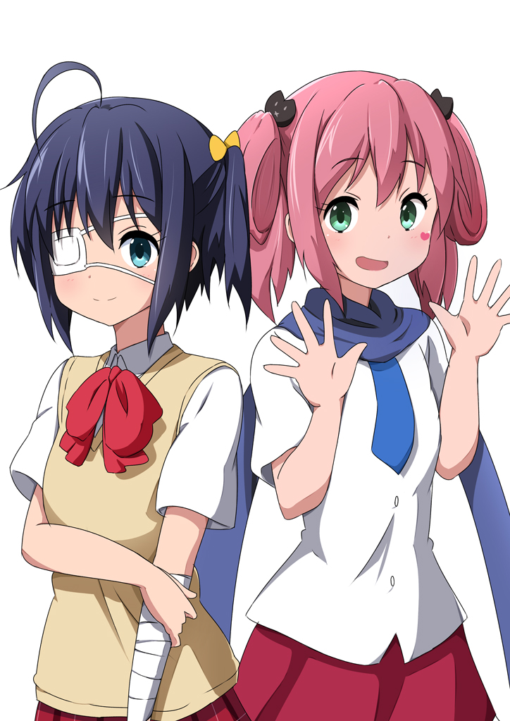 10s, 2girls, ame., black_hair, chuunibyou_demo_koi_ga_shitai!, eyepatch, facial_mark, green_eyes