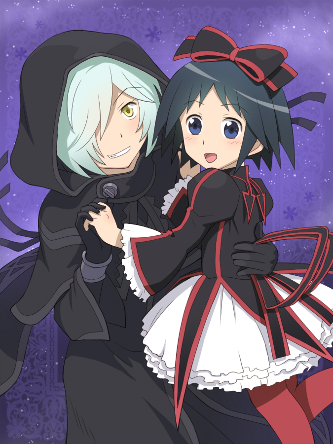 2girls, black_hair, blue_eyes, gloves, green_hair, gyubid, holding_hands, hood, kuromajo-san_ga_tooru!!, kurotori_chiyoko, meow_(nekodenki), multiple_girls, pantyhose, short_hair, yellow_eyes