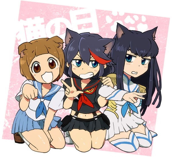 10s, 3girls, :3, :d, animal_ears, black_hair, blue_eyes, blush